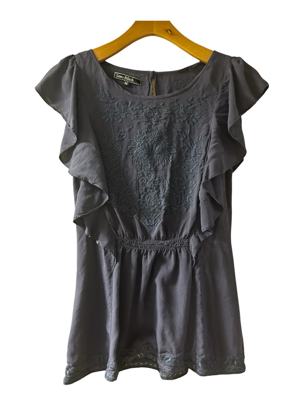 Love Stitch Women's Blue Embroidered Ruffle Sleeve Top